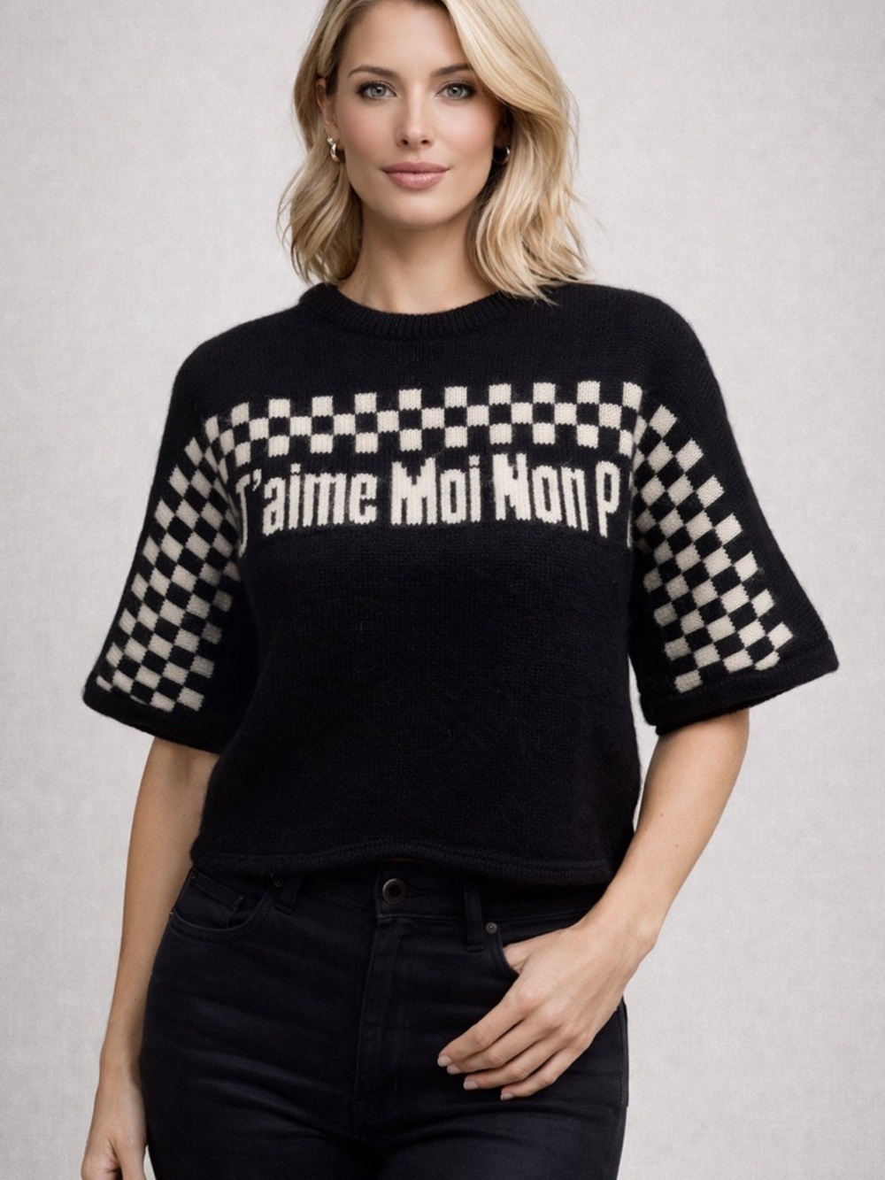 Saint Laurent Black and White Checkerboard Crewneck Sweater